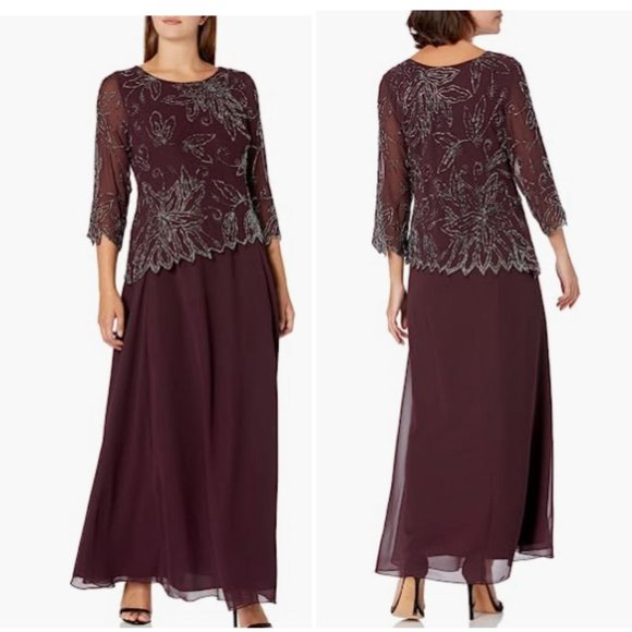 J Kara Plus Size Womens 3/4 Sheer Sleeve Floral Beaded Long Dress Size: 16 - Picture 1 of 8
